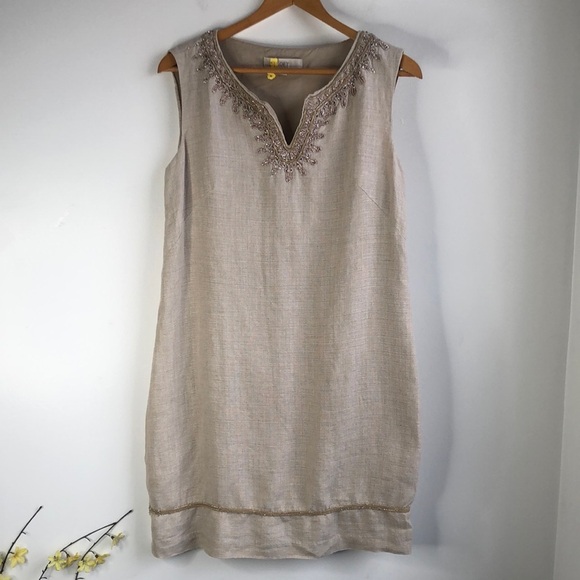 LOFT tan linen sleeveless dress with Embellished Neckline - Picture 1 of 6